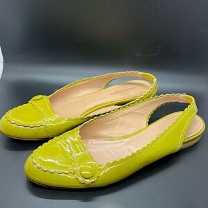 Nanette Lepore Vero Cuoio Italy, lime green patent leather slingbacks, size 9
